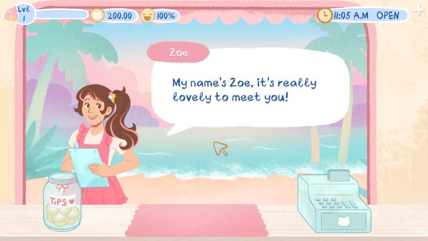 A woman in a pink apron, holding a clipboard, saying: “My name's Zoe, it's really lovely to meet you!” Published on LadiesGamers