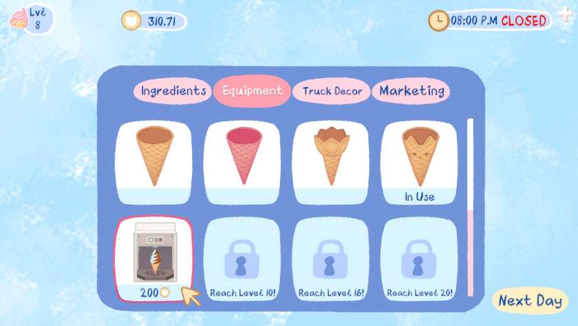 The equipment tab of the upgrades menu, with the soft serve machine being available to buy for 200. Published on LadiesGamers