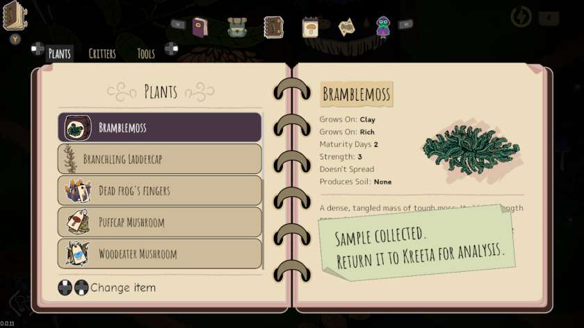 A list of items collected in Slumbering Woods.