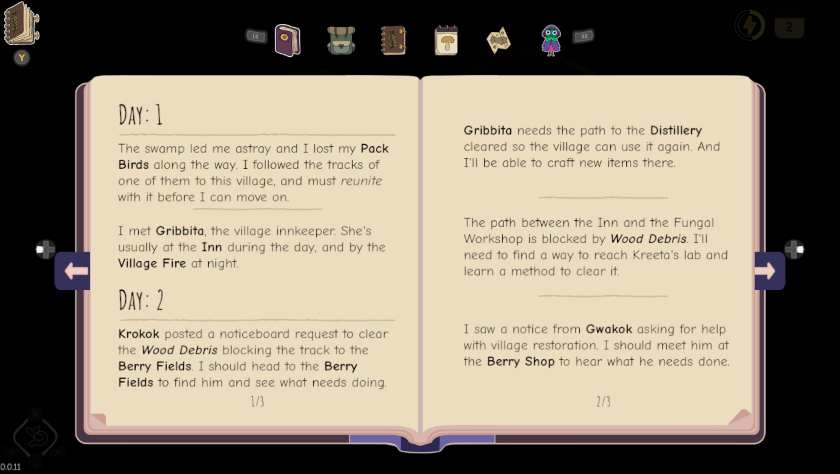 Journal entries in Slumbering Woods.