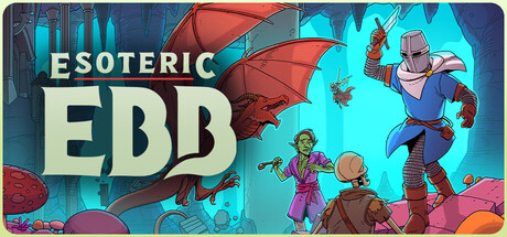 esoteric ebb title with a red dragon, a character with a helm and a broken sword and a green goblin character. Published on LadiesGamers