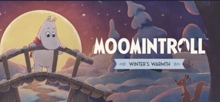 Promotional image for Moomintroll Winter's Warmth showing the titular character standing on a bridge in a snowy landscape. Published on LadiesGamers