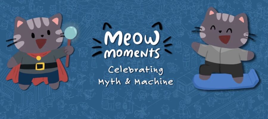 Promotional image for Meow Moments: Celebrating Myth & Machine, showing a cat in a wizard costume and a cat on a hoverboard. Published on LadiesGamers