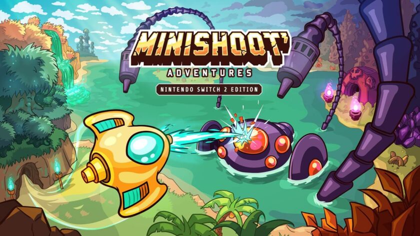 Promotional image for Minishoot’ Adventures showing a cute ship vs a boss. Published on LadiesGamers