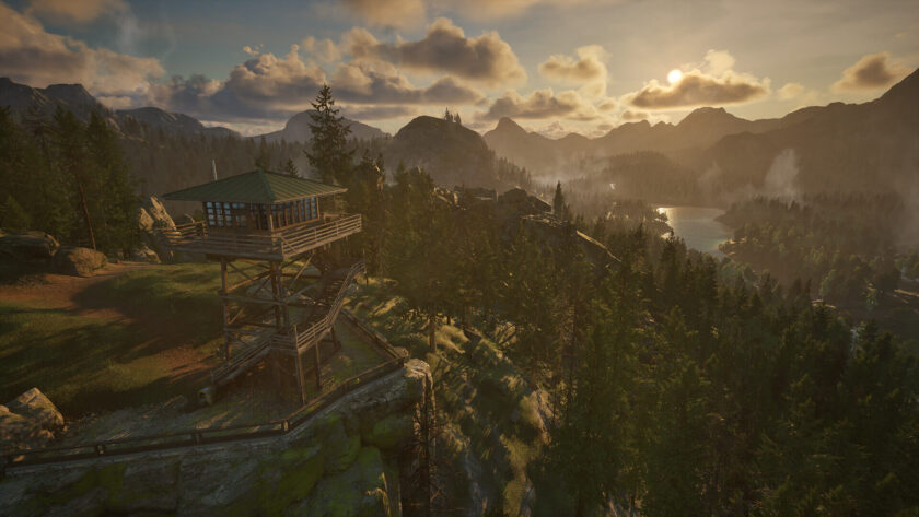 a birds eye vies of the park and a viewing tower