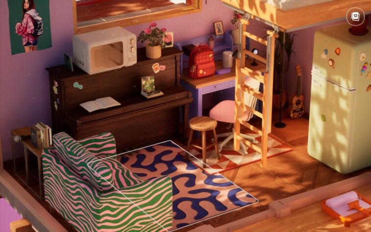 a close up of an interior with a piano, desk and rugs