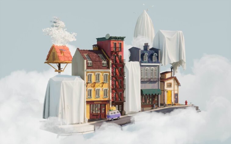 different buildings on a white background