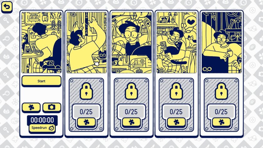 a screen divided in 5 segments, each with a man with a cat in yellow and black