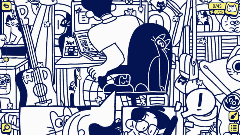 a line drawing of a man sitting on his desk with a lot of cats around him