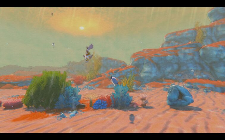 fish and other aquatic creatures in a orange colored undersea biome