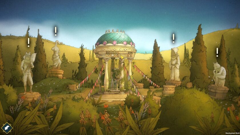 the mind garden with 4 statues and a gazebo in the middle. 
