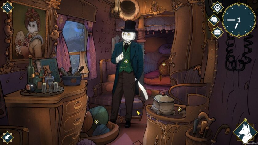 a cat dressed as a gentleman, standing in the middle of a luxurious train cabin 