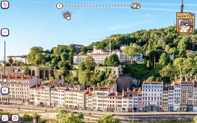 a landscape of a town with a river and a cat hiding in the town
