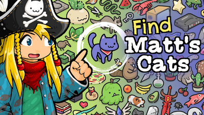 Promotional image for Find Matt's Cats showing Matt pointing to a cat. Published on LadiesGamers