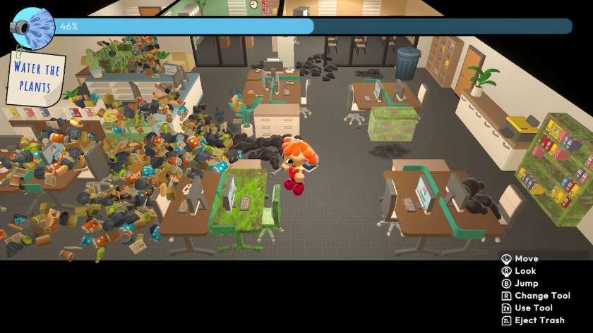 A trash filled office, with green gunk on some bits of furniture, and dirty marks on the floor. Published on LadiesGamers
