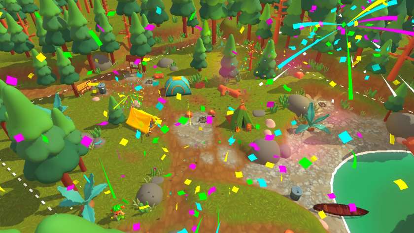 A clean camp site, with multi-coloured confetti fluttering down. Published on LadiesGamers
