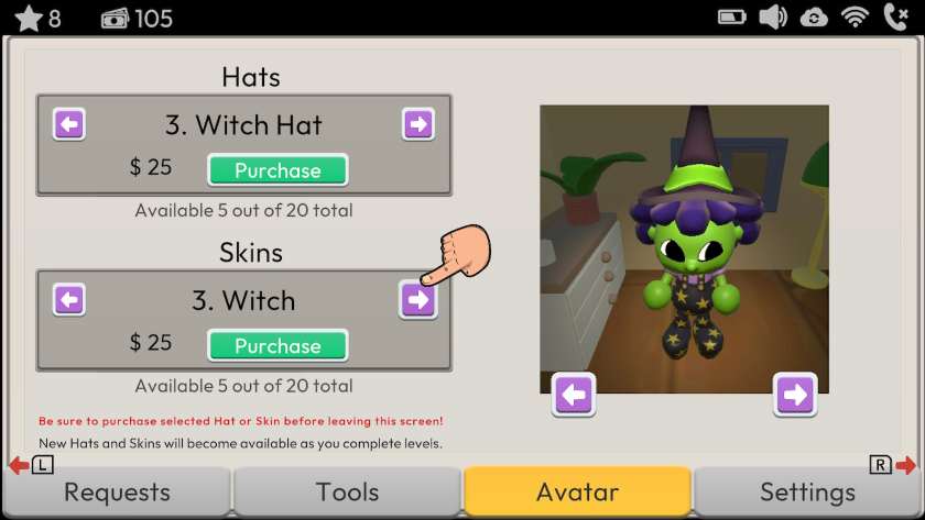 The avatar menu, with the option to purchase hats and skins. My character has green skin, and is wearing a witch's hat and overalls covered in stars. Published on LadiesGamers
