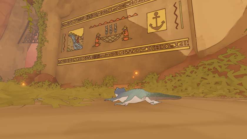 The gecko looks at a carving on the wall in Gecko Gods.