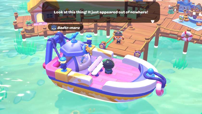 Brightly coloured boat with a cabin and bench. Badtz-maru is saying “Look at this thing! It just appeared out of nowhere!” Published on LadiesGamers