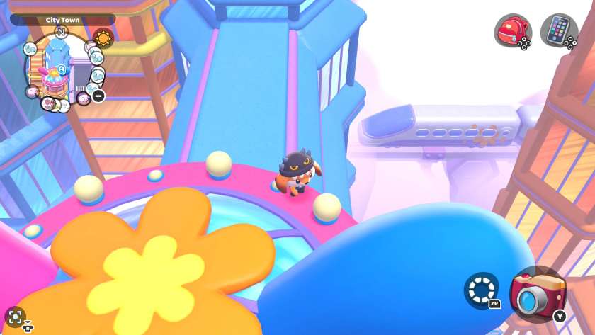 My character standing on the top of Rainbow Towers, with a train passing in a foggy background. Published on LadiesGamers