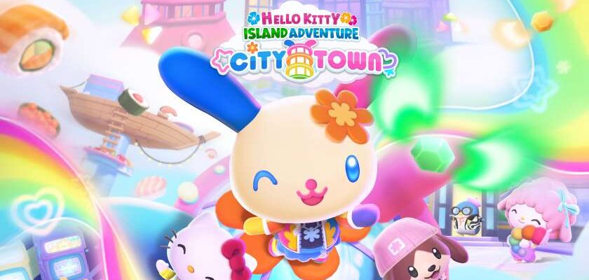 Promotional image for Hello Kitty Island Adventure – City Town DLC showing Usahana, a cream coloured rabbit with one blue ear and one pink ear. There are other Hello Kitty characters in the background. Published on LadiesGamers.