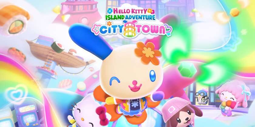 Promotional image for Hello Kitty Island Adventure – City Town DLC showing Usahana, a cream coloured rabbit with one blue ear and one pink ear. There are other Hello Kitty characters in the background. Published on LadiesGamers.