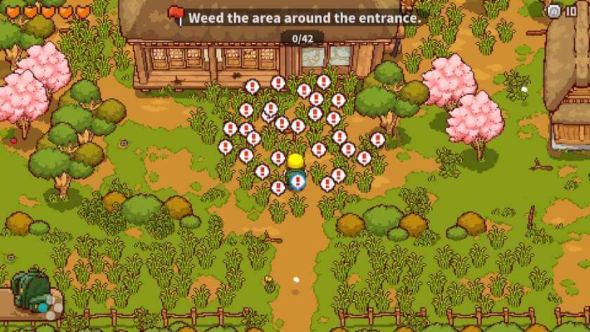 My character in front of their house, with exclamation marks highlighting all the weeds to be cleared. Published on LadiesGamers