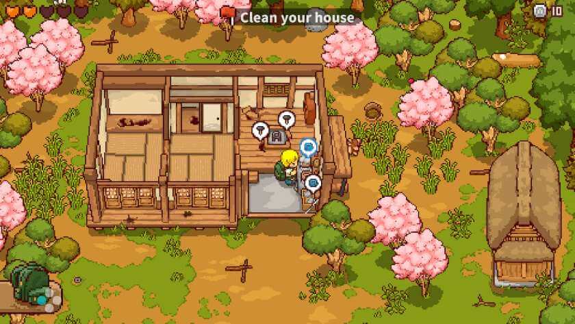 My character inside their house, with icons showing the activities needed to fix the house. Published on LadiesGamers