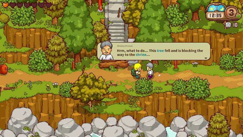 My character talking to the Shinto Priest, who is saying “this tree fell and is blocking the way to the shrine.” Published on LadiesGamers