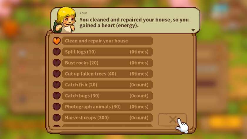 The energy heart task list, with targets such as split 10 logs. Published on LadiesGamers