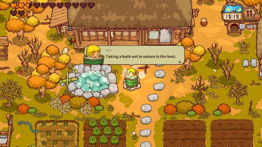 My character taking a bath in a large metal drum, saying “taking a bath out in nature is the best.” Published on LadiesGamers