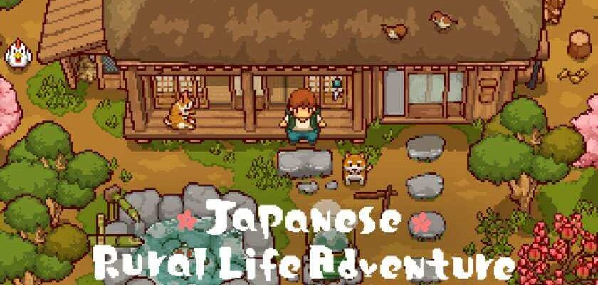 Promotional image for Japanese Rural Life Adventure showing the character in front of the house, with a cat, dog and chicken surrounding them. Published on LadiesGamers.
