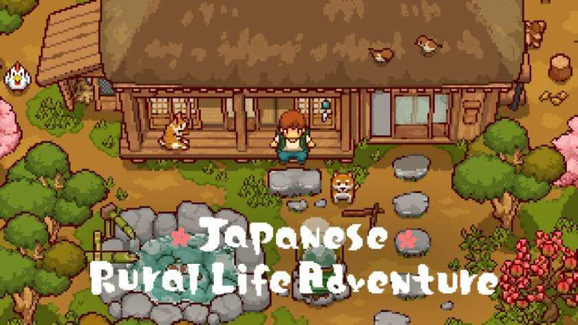 Promotional image for Japanese Rural Life Adventure showing the character in front of the house, with a cat, dog and chicken surrounding them. Published on LadiesGamers.
