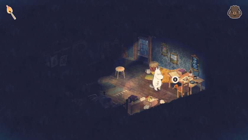 A dark bedroom, with Moomintroll holding a match which gives some light to a desk area. Published on LadiesGamers