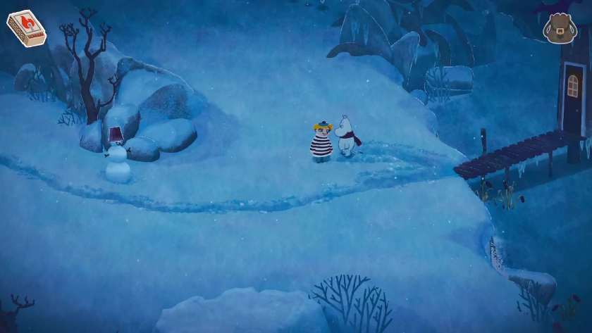 Moomintroll approaching Too-ticky outside the bathing-house. There is snow on the ground with tracks where creatures have gone. Published on LadiesGamers