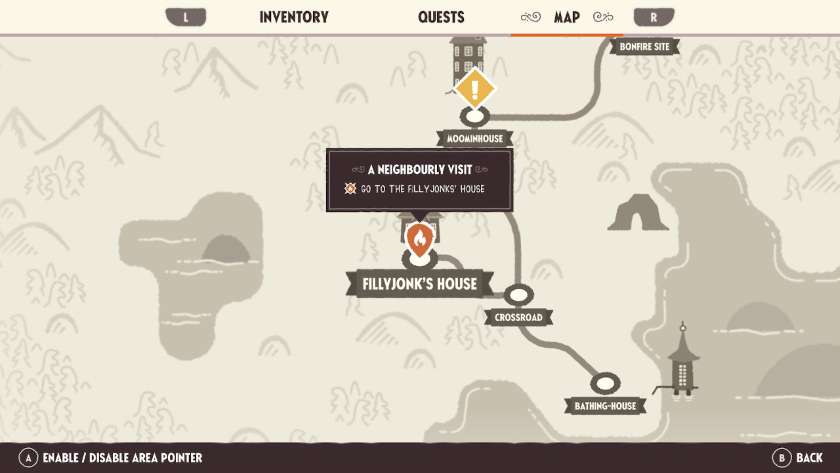 Map of Moominvalley, with the Neighbourly Visit task highlighted at Fillyjonk's house. Published on LadiesGamers
