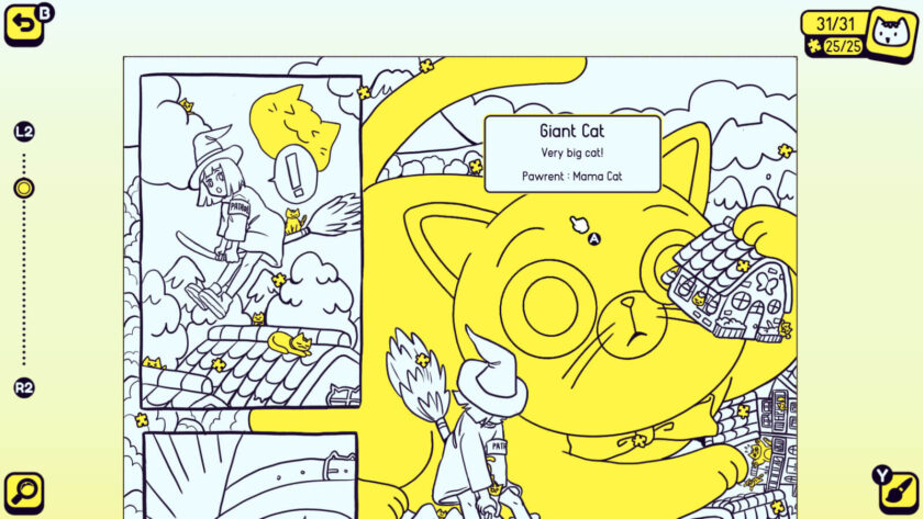 a comic panel with a giant yellow cat and a witch on a broom.