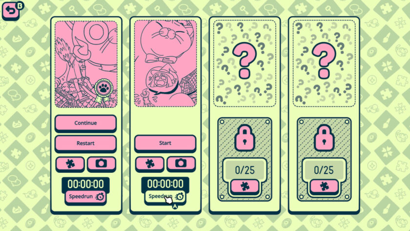 green background, four panels with pink parts with cats and puzzles