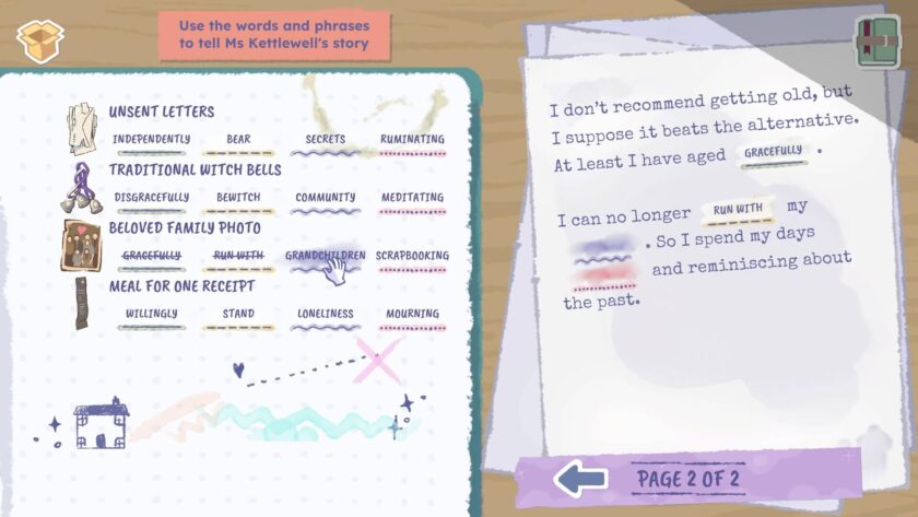 a list of items with generated prompt words and a text with missing words