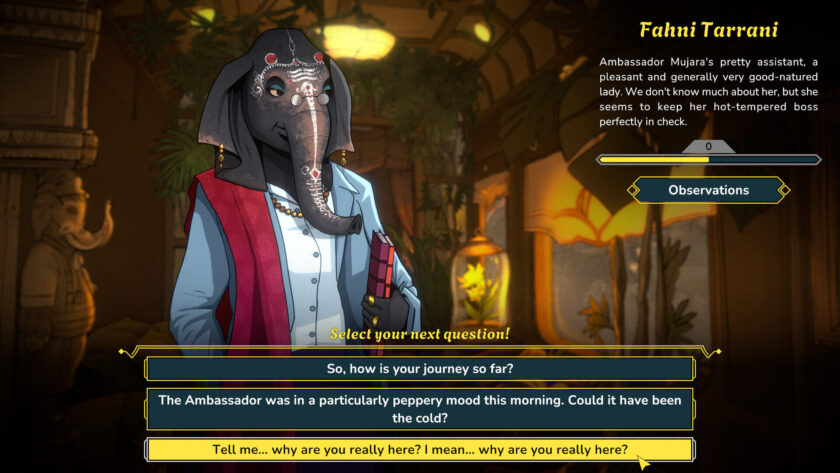 an elephant lady dressed in clothes with dialogue options