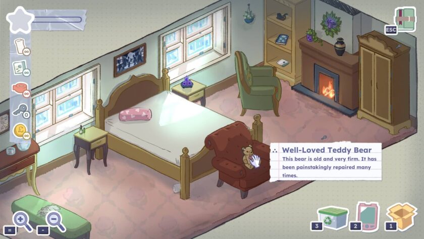 an isometric interior of a bedroom with the cursor on a teddy bear