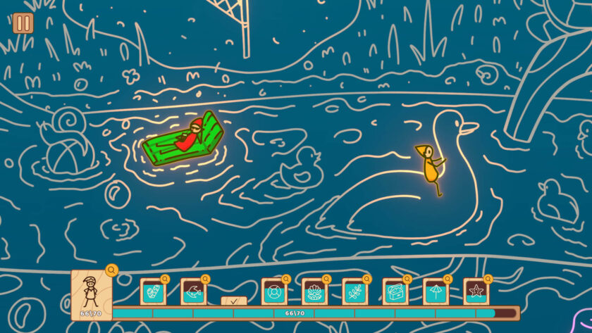 a blue background with glowing elves and light blue boxes on the bottom of the screen