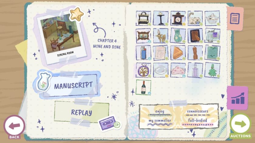 a completed chapter with all found items, a completed manuscript