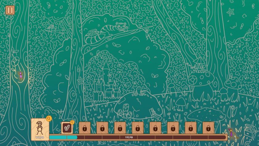 light blue background, forest setting, a castle and a river