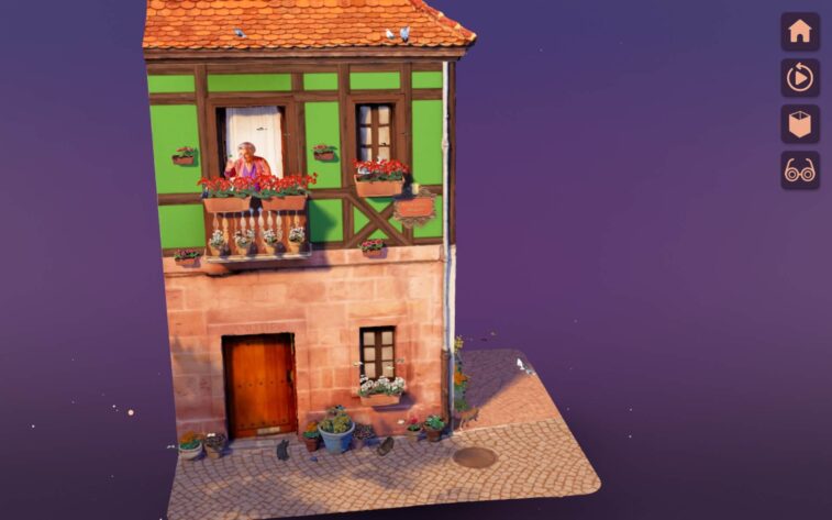 a house on two levels and an older woman sitting on the balcony