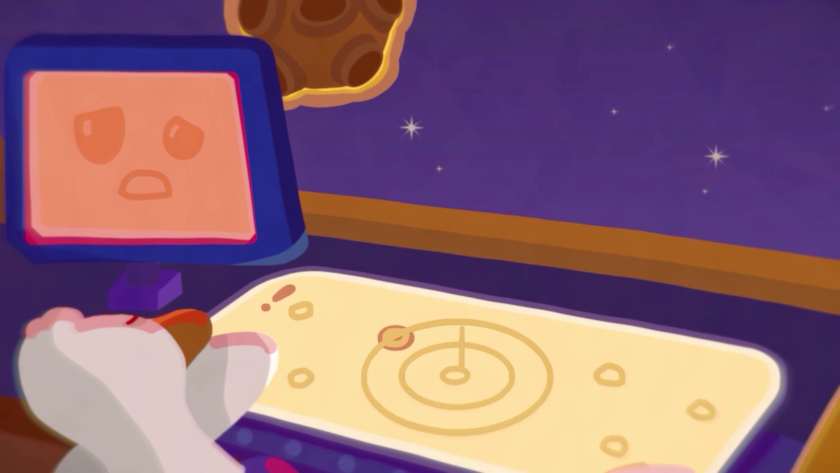 A duck asleep at the controls, with a worried look on the computer screen. There is a meteor in front of the ship. Published on LadiesGamers