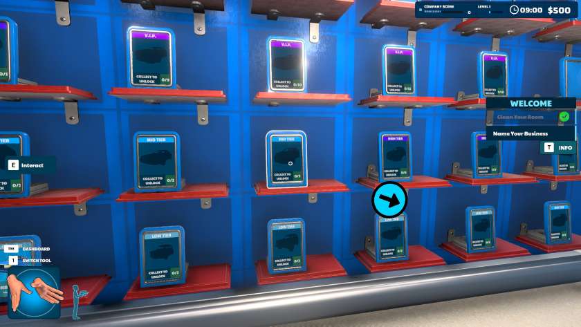 A wall of glass shelves contain collections of trading cards you can collect in Express Car Wash Simulator.