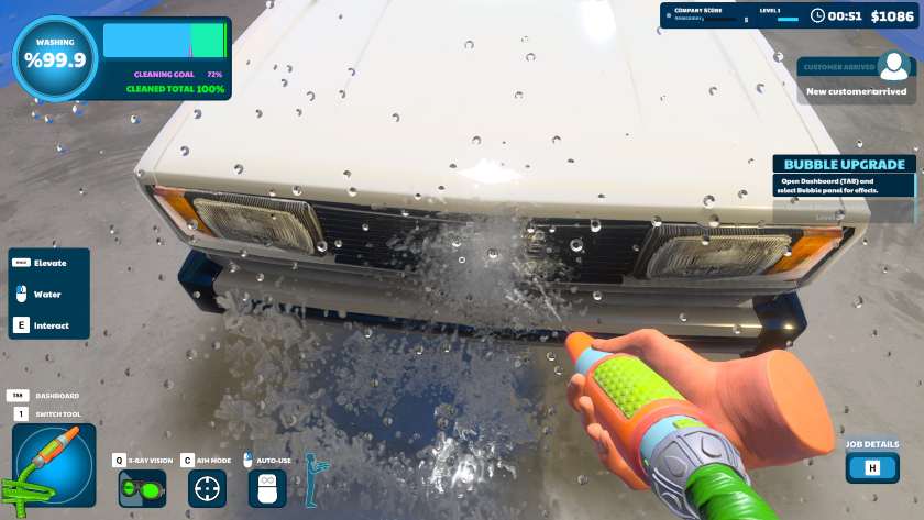A car is being sprayed off with water, and the screen is covered in water drops in Express Car Wash Simulator.
