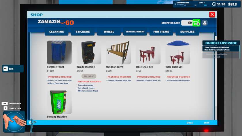 A menu of upgrades you can buy in Express Car Wash Simulator to amuse your customers while they wait for their cars.