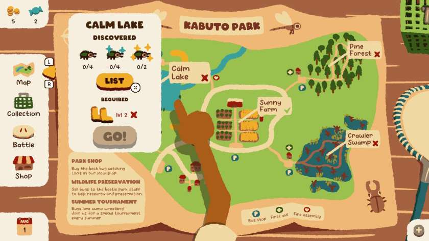 The map of Kabuto Park showing the four areas, with a green tick next to Sunny Farm. Published on LadiesGamers